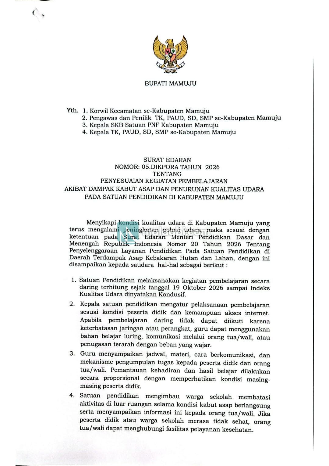 Bupati Mamuju Terbitkan SE Penyesuaian Pembelajaran Akibat Kabut Asap